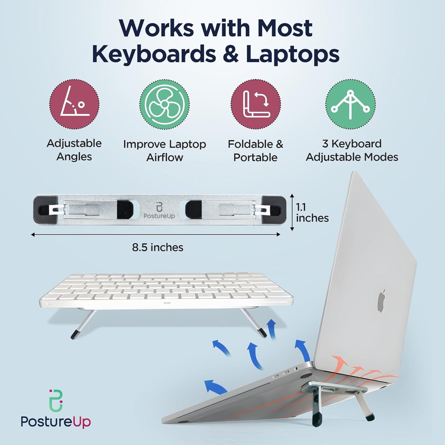 ProRiser by PostureUp – Self-Adhesive Non-Scratch Aluminum Laptop & Keyboard Stand for Desk, 1.75 & 3in Elevation, Adjustable Computer Stand, Laptop Riser – for Up to 20in Laptops and Keyboards
