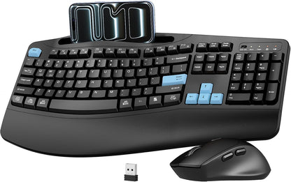 Wireless Keyboard and Mouse Combo, 2.4G Full Size Wave Keys Ergonomic Keyboard with Wrist Rest, Phone Holder, 3-Level DPI Wireless Silent Mouse with 6-Buttons, for Windows, Mac OS, Laptop, PC (Black)