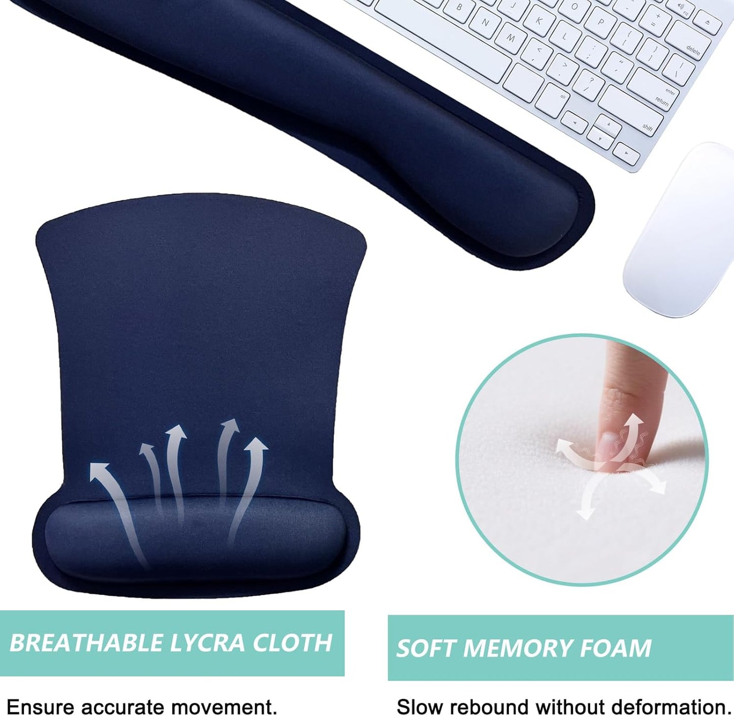 Keyboard Wrist Rest Pad Mouse Pad with Wrist Support Set of 3, Gaming Mousepad with Non-Slip Rubber Base, Ergonomic Memory Foam Mouse Cushion Support for Home Office Laptop Computer, Navy Blue