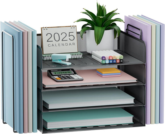 4 Tier Stackable Paper Tray Organizer for Desk, Office Desk Accessories, Paper Sorter Organizer for Letter/A4 Office File Folder Holder (Black, 16.1" x 13.2" x 10.12")