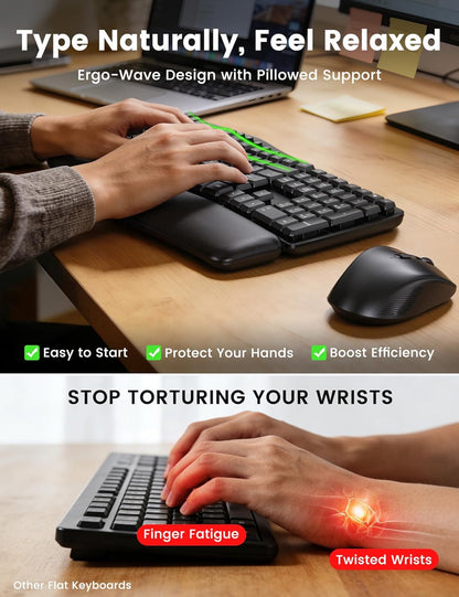 Wireless Keyboard and Mouse Combo, SABLUTE MA41 30dB Quiet Ergonomic Wave Keyboard Set with Soft Leather Palm Rest, Dual-System Switch for Windows/Mac, Ideal for Business Teams Home Office