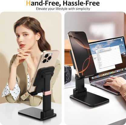 Phone Stand for Desk,Fully Adjustable Foldable Phone Holder,Metal Base with Anti-Slip Pad,Thick Case,Compatible with iPhone 17 Pro Max/Air/17 Pro/17/16/16e,15,All Phones,Portable Office Accessories