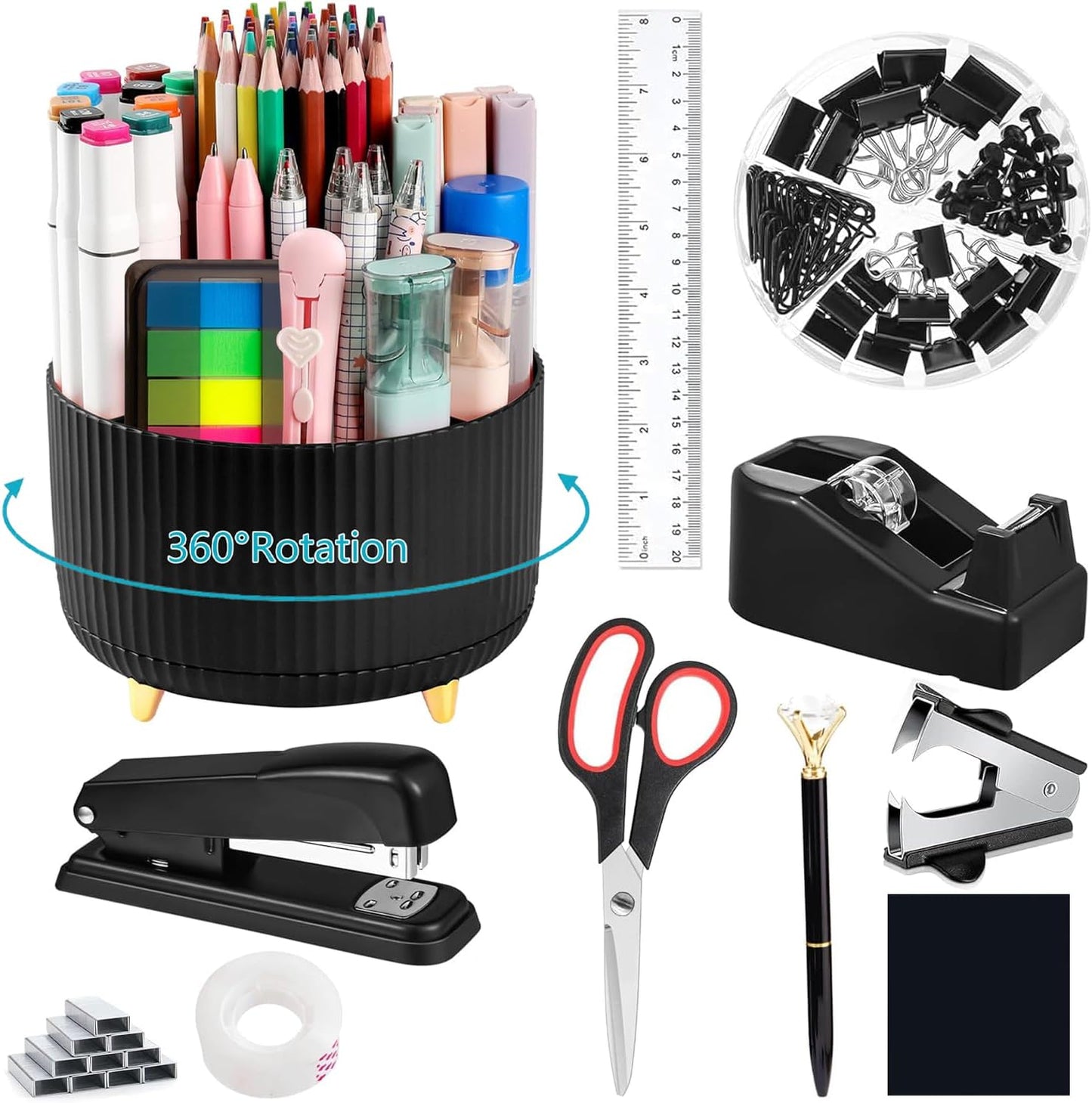 suniya Office Supplies,Gold Desk Accessories,with Stapler,Tape Dispenser,Pen Holder,Scissors,Phone Stand,Staple Remover,Ballpoint Pen,Clear Tape, Staples,Ruler,Clips,Best Gift for Business or Boss