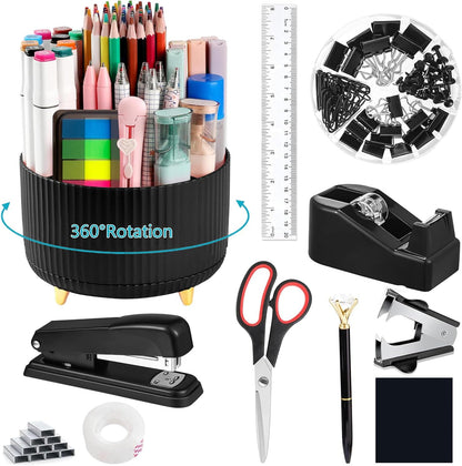 suniya Office Supplies,Gold Desk Accessories,with Stapler,Tape Dispenser,Pen Holder,Scissors,Phone Stand,Staple Remover,Ballpoint Pen,Clear Tape, Staples,Ruler,Clips,Best Gift for Business or Boss