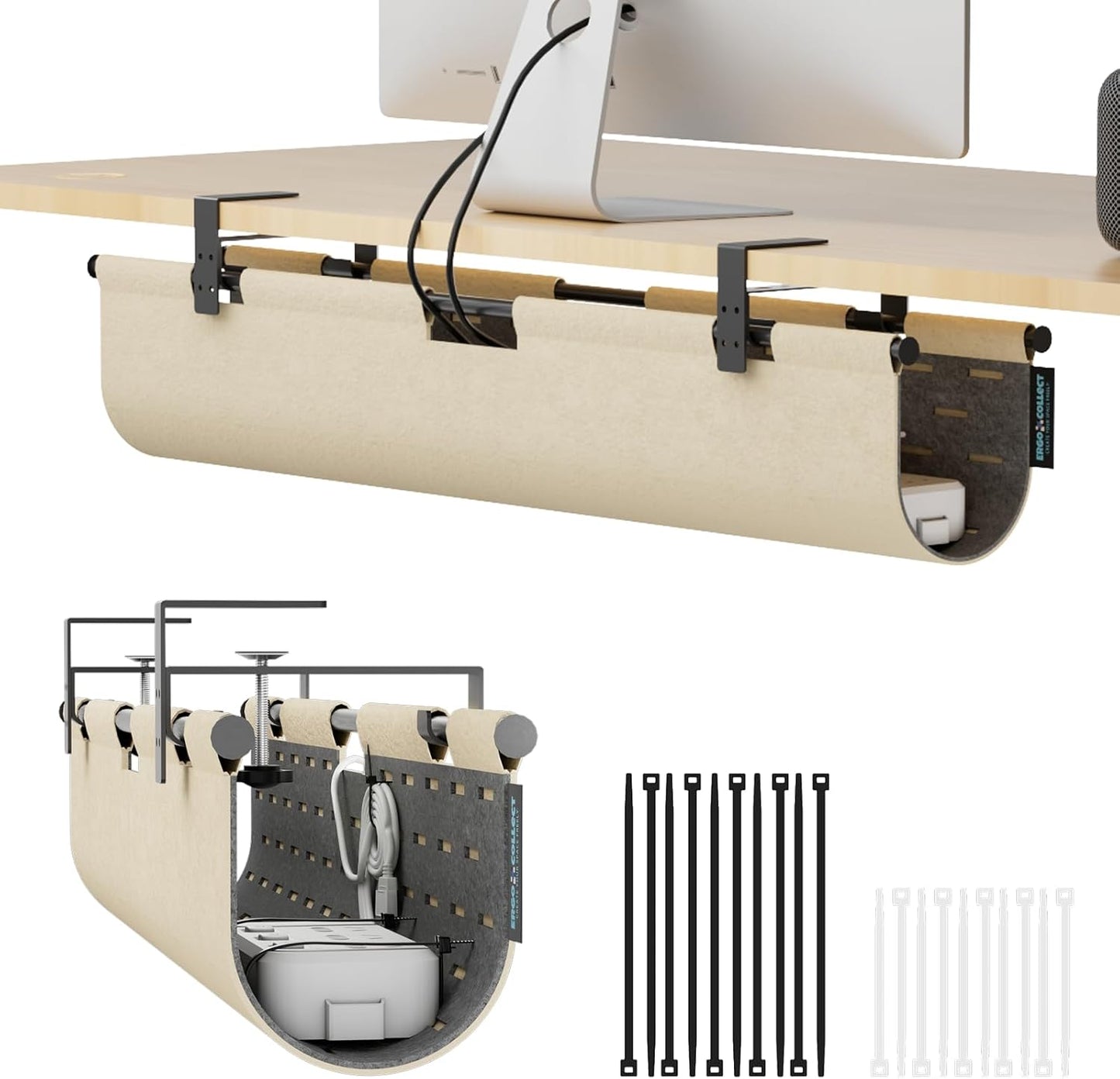 2-in-1 Under Desk Cable Management Tray & Privacy Panel, Dual-Sided Thick Felt Cord Organizer with 20 Cable Ties,Heavy Duty Steel Frame Support, No-Drill Clamp Mount,Large Capacity (Khaki/Gray, 45.2")