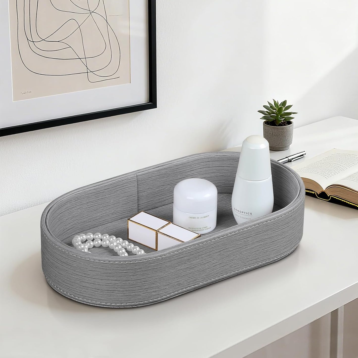 Oval Desk Valet Tray, PU Leather Perfume Dish Bowl for Keys Wallet Watch, Decorative Trinket Vanity Jewelry Tray, Entryway Nightstand Organizer Women Men (Black)