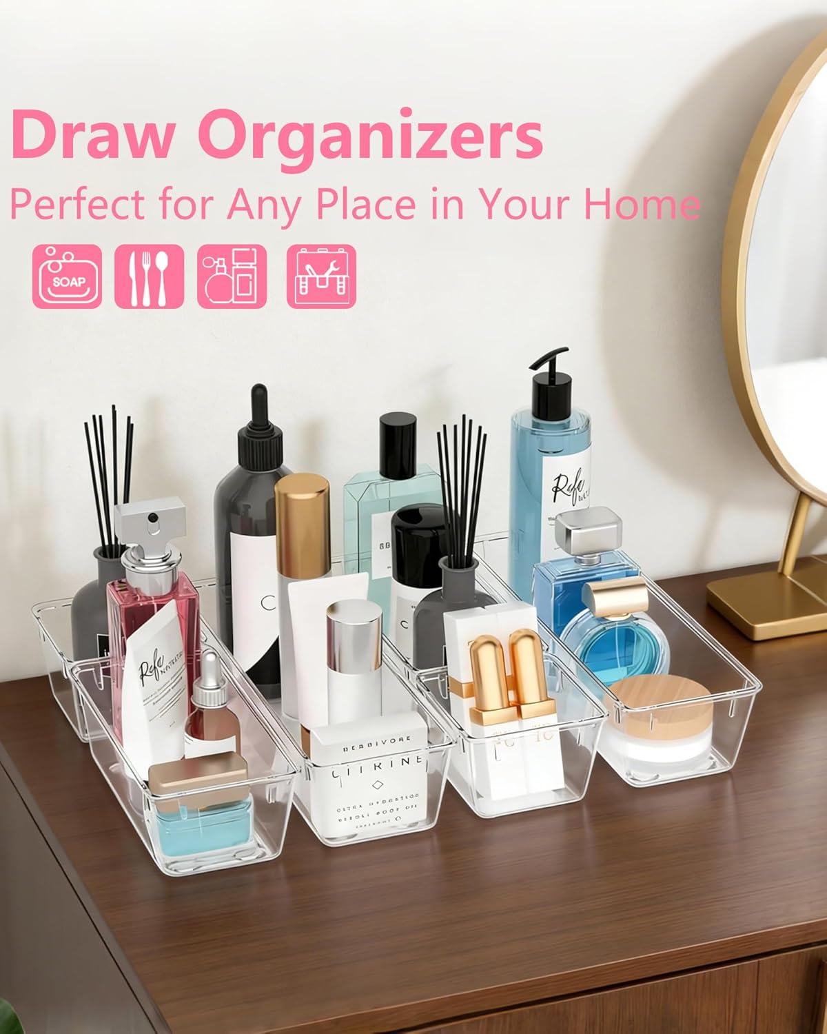 Clear Drawer Organizers Set of 13, 5-Size Vanity Organizer Trays, Stackable Bathroom & Desk Drawer Organizer for Makeup, Jewelry, Kitchen Utensils, Office Supplies and Small Gadgets Storage