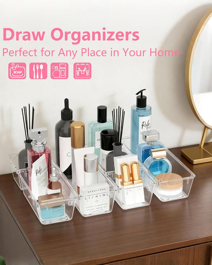 Clear Drawer Organizers Set of 13, 5-Size Vanity Organizer Trays, Stackable Bathroom & Desk Drawer Organizer for Makeup, Jewelry, Kitchen Utensils, Office Supplies and Small Gadgets Storage