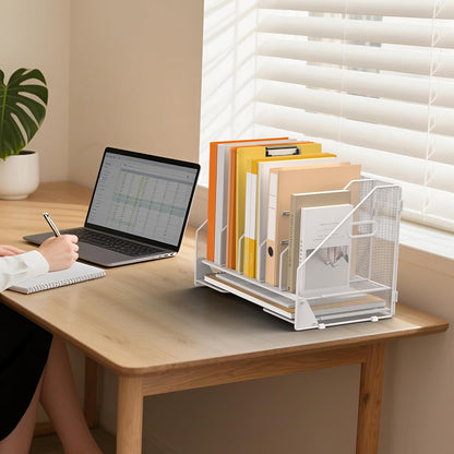 Desk File Folder Holder Organizer-5 Vertical Compartments Racks and Paper Letter Tray,Mesh Magazine File Holder Sorter,Desktop Accessories & Workspace Organizers for Home,Office,School-Black