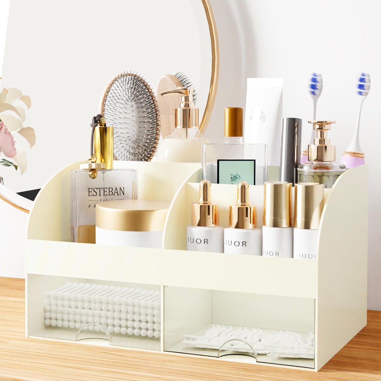 Makeup Organizer with Drawers, Cosmetic Storage for Dresser Vanity and Bathroom Countertop, Beauty Holder for Lipstick Brush, Skincare Organizer for Vanity, Cosmetic Display Case (White)