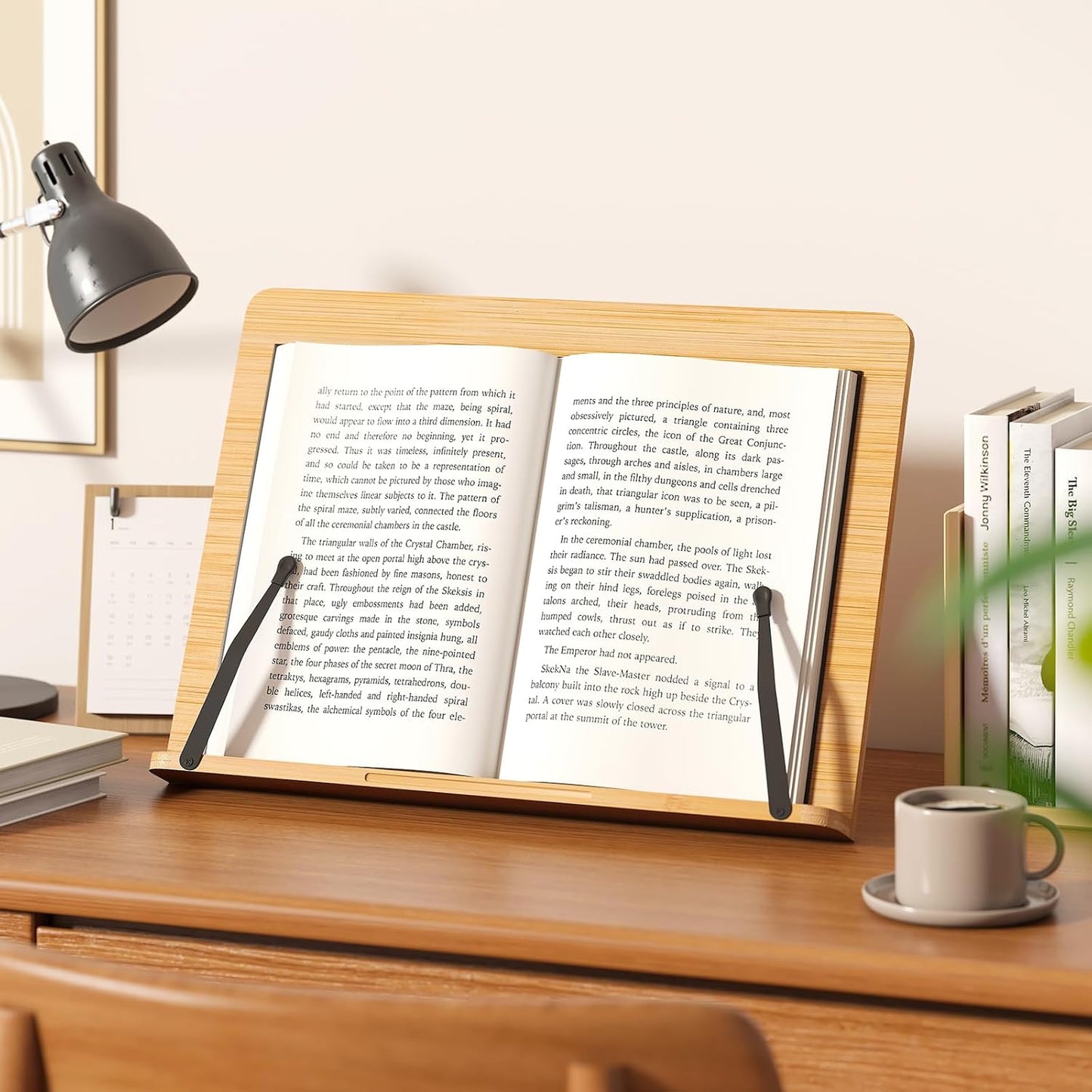 Bamboo Book Stand, Adjustable Reading Holder with Page Clips, Portable Lightweight Desk Stand for Textbooks, Cookbooks (Small)
