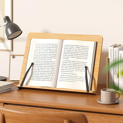Bamboo Book Stand, Adjustable Reading Holder with Page Clips, Portable Lightweight Desk Stand for Textbooks, Cookbooks (Small)