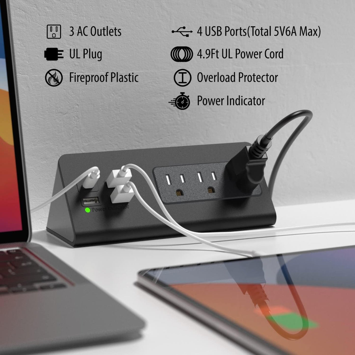 Nightstand Edge Mount Power Strip with USB-C Ports Tabletop Surge Protector Desk Clamp Power Sockets with 3 AC Outlets &4 Fast Charging USB Ports for Home Office Hotel and Dormitory