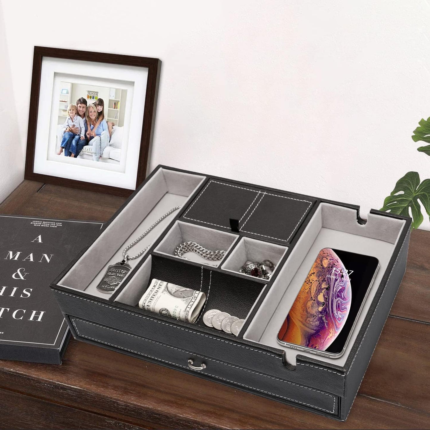Baoyun Valet Tray for Men, 2 Layers Nightstand Organizers for Men and Women, Leather Jewelry Storage Box, Mens Dresser Top Organizer, Catch All for Jewelry Key Wallet and Phone (Brown)