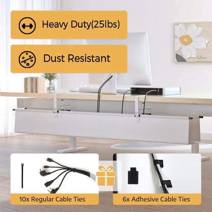 Under Desk Cable Management Tray - 36" Cord Organizer for Desk No Drill, Fabric Under Table Wire Organizer with 16X Cable Ties Hide for Office/Home, Cord Hider Fits Adapters & Sockets, White