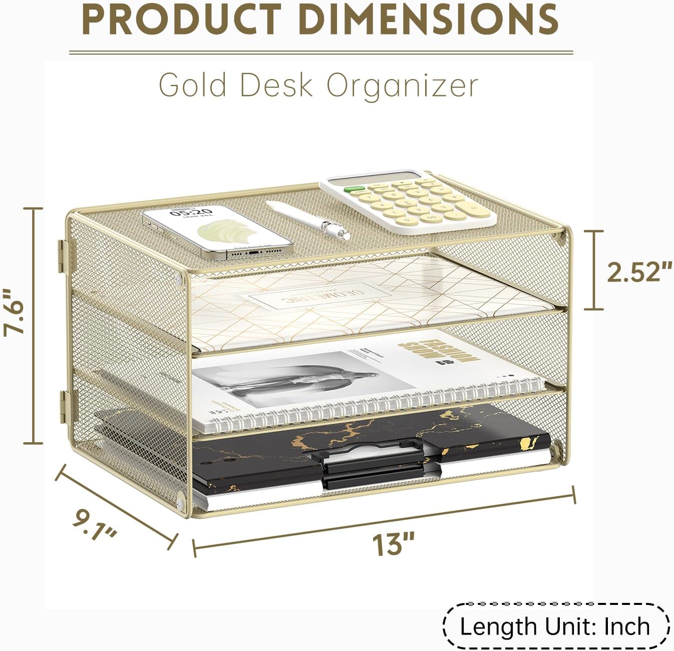 DALTACK 3 Tier Letter Tray Paper Organizer for Desk, Mesh Metal Desk File Organizer with Sliding Trays for Letter/A4 Paper, Mail, Bills & Folders, Black