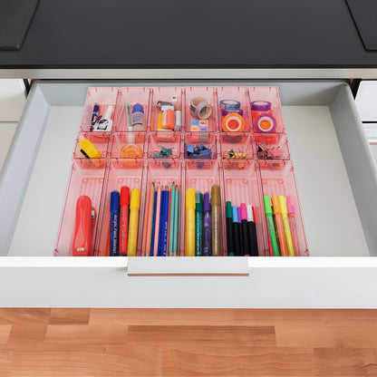 25 Pack Desk Drawer Organizer Set,Vanity and Desk Drawer Storage Bins,Clear Plastic Drawer Organizer Trays for Makeup,Office,Bathroom and Kitchen(pink)