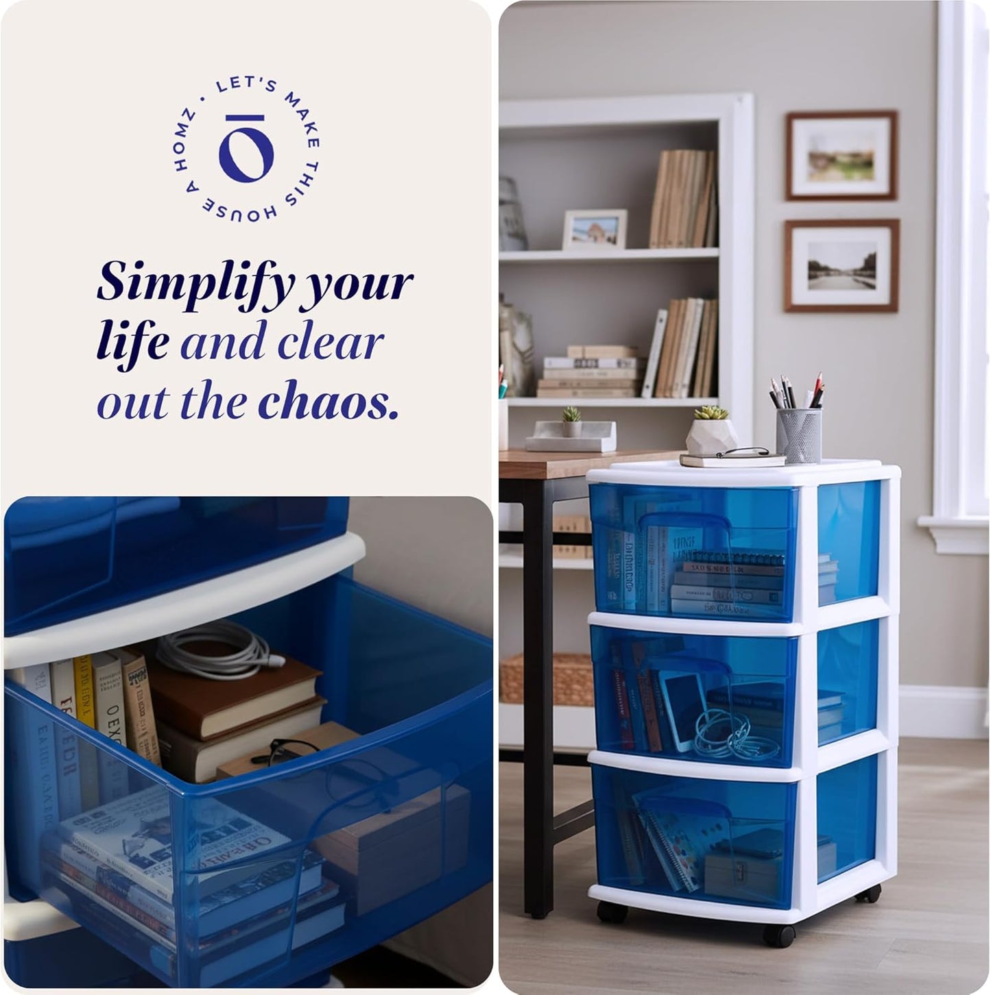 HOMZ Drawer Tower, 3-Tier Rolling Storage Cart with Removable Wheels, White Frame – Plastic Organizer with Clear Bin Drawers for Bedroom, Bathroom, Home Office, and Dorm Room