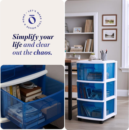 HOMZ Drawer Tower, 3-Tier Rolling Storage Cart with Removable Wheels, White Frame – Plastic Organizer with Clear Bin Drawers for Bedroom, Bathroom, Home Office, and Dorm Room
