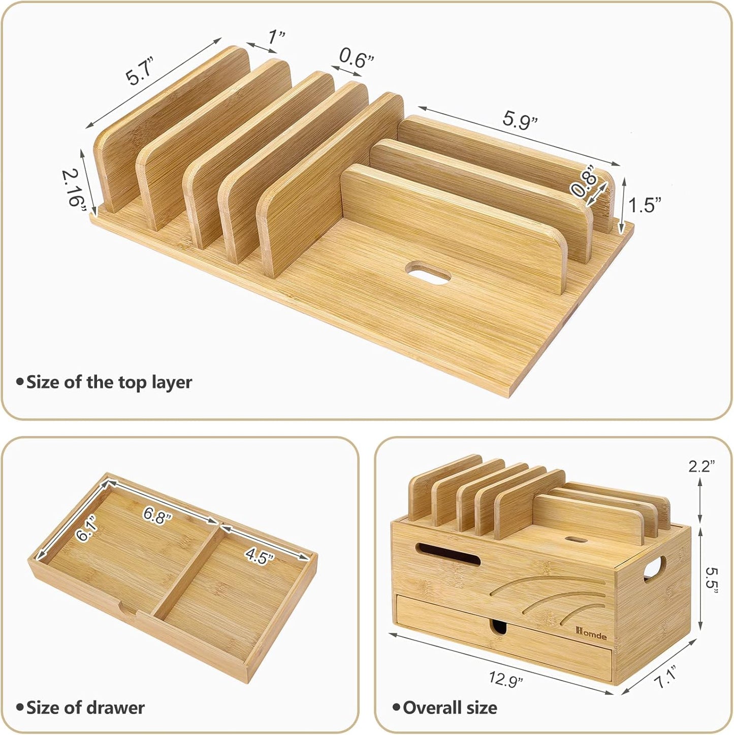 Homde Natural Bamboo Charging Station Rack for Multiple Devices Cable Cord Management Box Organizer Holder with 6 Slots Drawer for Chargers Phones Tablets Watches Electronics (Natural)