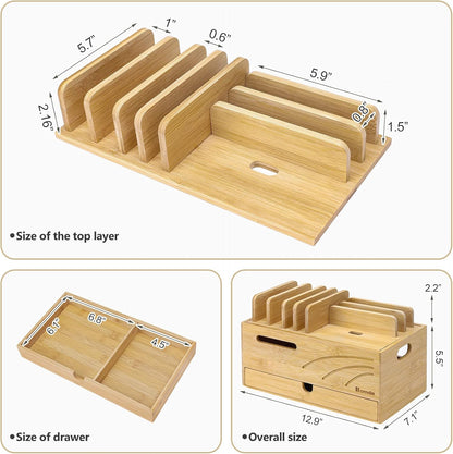 Homde Natural Bamboo Charging Station Rack for Multiple Devices Cable Cord Management Box Organizer Holder with 6 Slots Drawer for Chargers Phones Tablets Watches Electronics (Natural)
