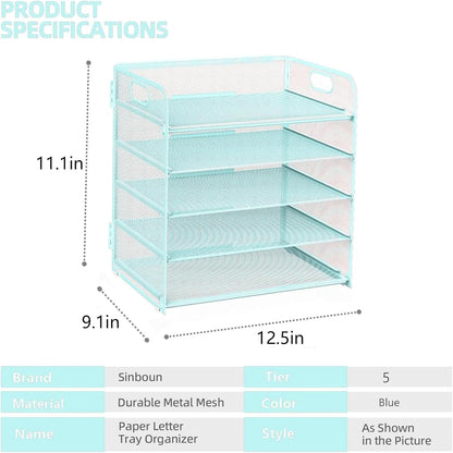 Letter Tray Paper Organizer 5-Tier Desk Organizer File Organizer Paper Holder with Handle, Metal Desktop Document Shelf Tray Office Classroom Organization - Black