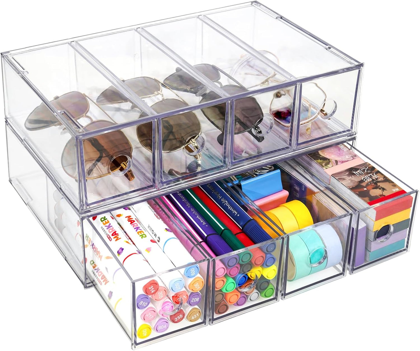 Desk Organizer with 4 Drawers, FODIENS Stackable Desktop Storage Box with Removable Drawer, Clear Sunglasses Organizer Display Case for Stationery Marker Pens Eyeglasses Office Supply