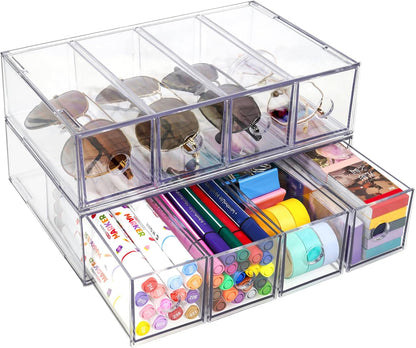 Desk Organizer with 4 Drawers, FODIENS Stackable Desktop Storage Box with Removable Drawer, Clear Sunglasses Organizer Display Case for Stationery Marker Pens Eyeglasses Office Supply