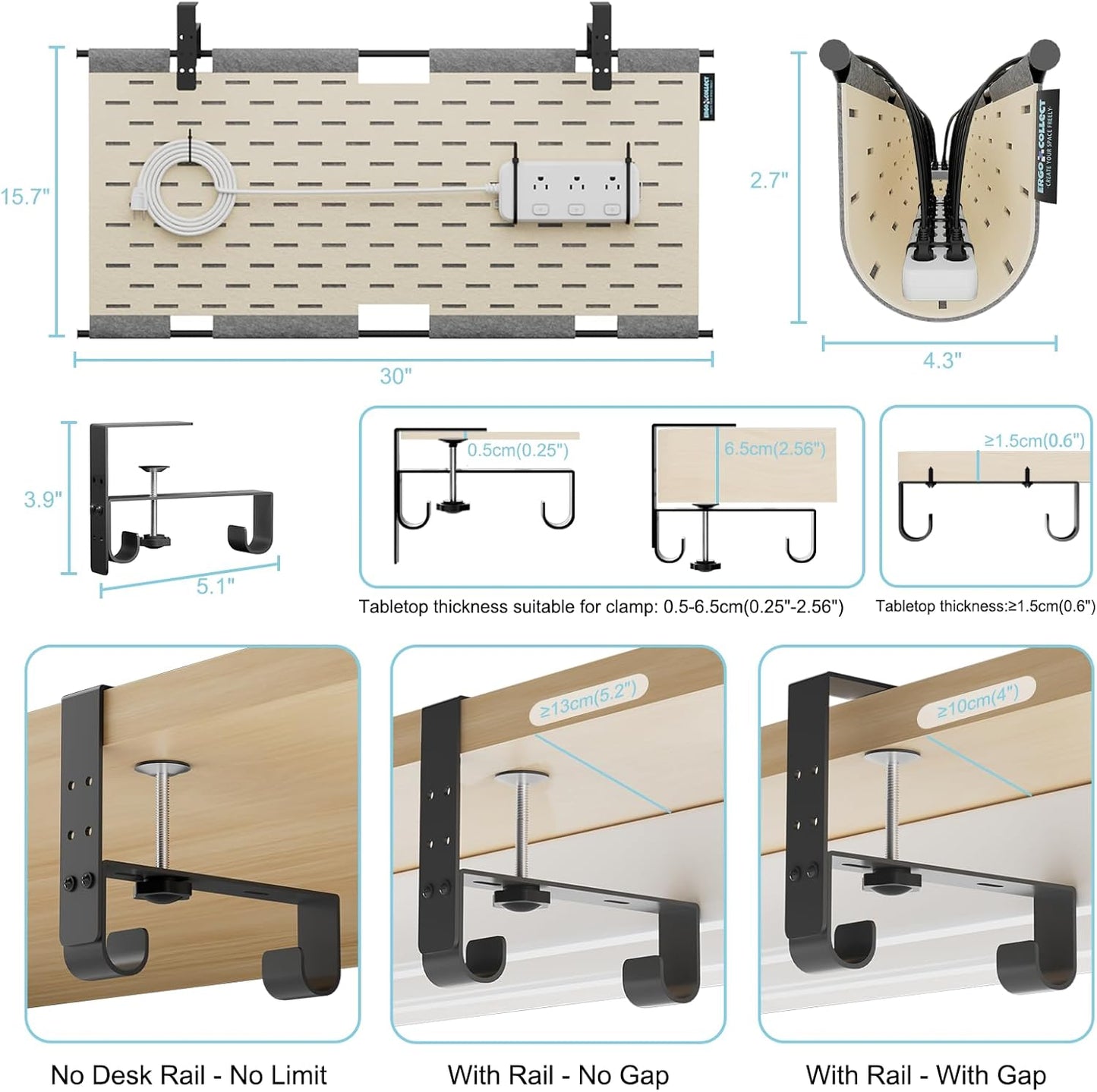 2-in-1 Under Desk Cable Management Tray & Privacy Panel, Dual-Sided Thick Felt Cord Organizer with 20 Cable Ties,Heavy Duty Steel Frame Support, No-Drill Clamp Mount,Large Capacity (Khaki/Gray, 45.2")