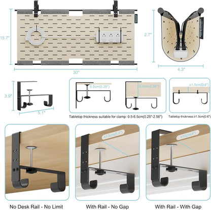 2-in-1 Under Desk Cable Management Tray & Privacy Panel, Dual-Sided Thick Felt Cord Organizer with 20 Cable Ties,Heavy Duty Steel Frame Support, No-Drill Clamp Mount,Large Capacity (Khaki/Gray, 45.2")