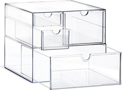 Prsildan Acrylic Makeup Organizer, 2 Pack Stackable Storage Drawers with 6 Drawers for Office Desk Vanity Craft Room Clear Drawer Organizers for Hair Accessories Art Supplies Cosmetics Modular System