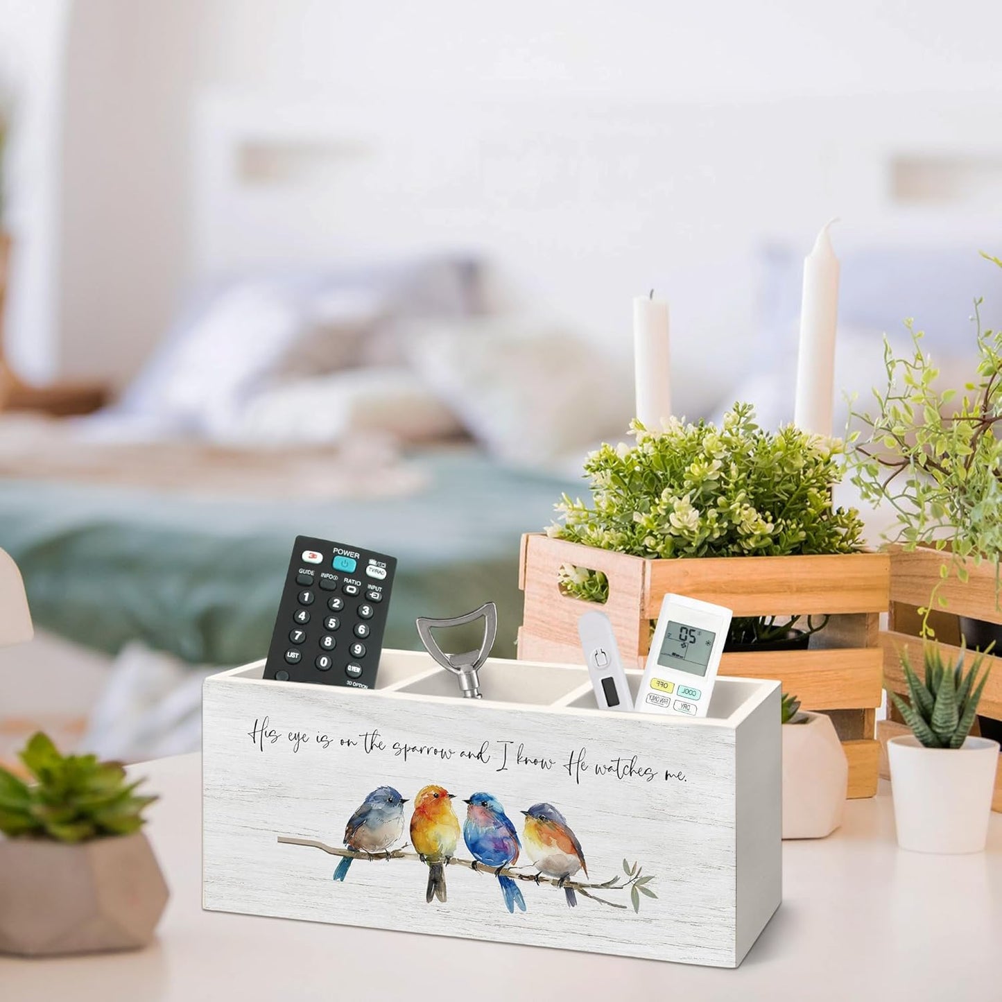 Christian Sparrow Bird Pen Holder for Desk, Religious Scripture Bible Verse Pencil Organizer, His Eye is on The Sparrow Bird Wooden Pen Holder Desk Accessories Decor for Home Office