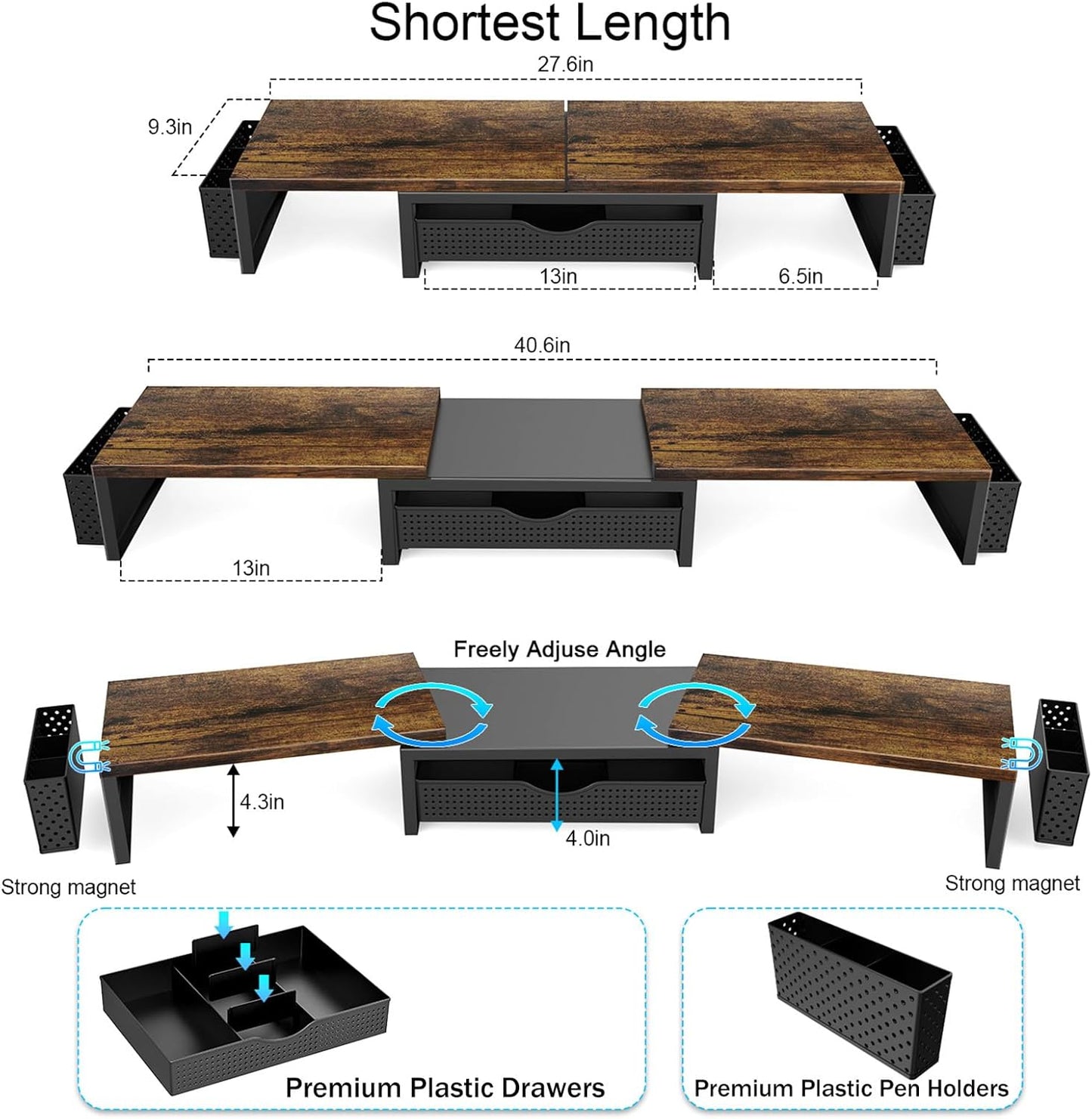 gianotter Dual Monitor Stand Riser, Desk Organizer With Drawer and 2 Pen Holders, Computer Monitor Stand, Shelf for Top of Desk, Black