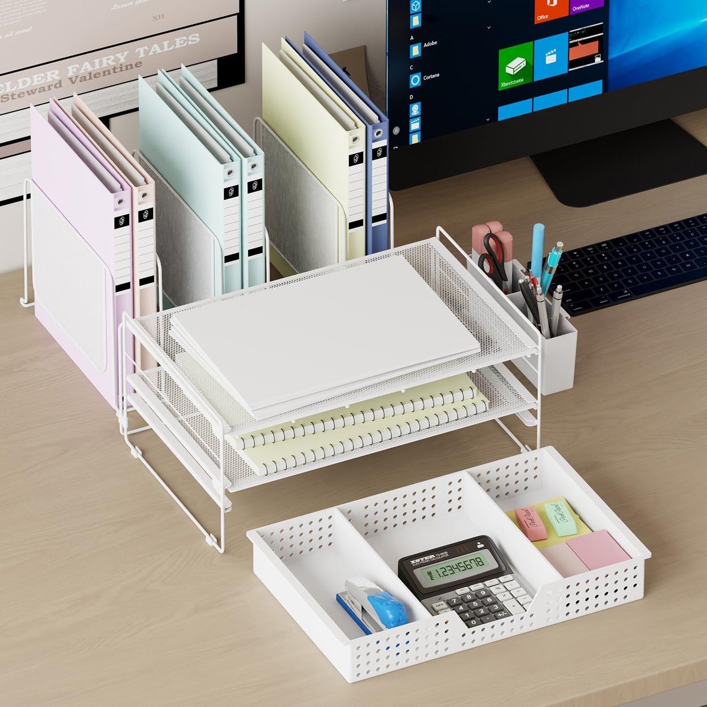 LEKETREE Desk Organizer, Office Organization with Vertical File Holder, File Organizer with Drawer and Pen Holder, Desk Accessories and Workspace Organizers for Home Office (Black)