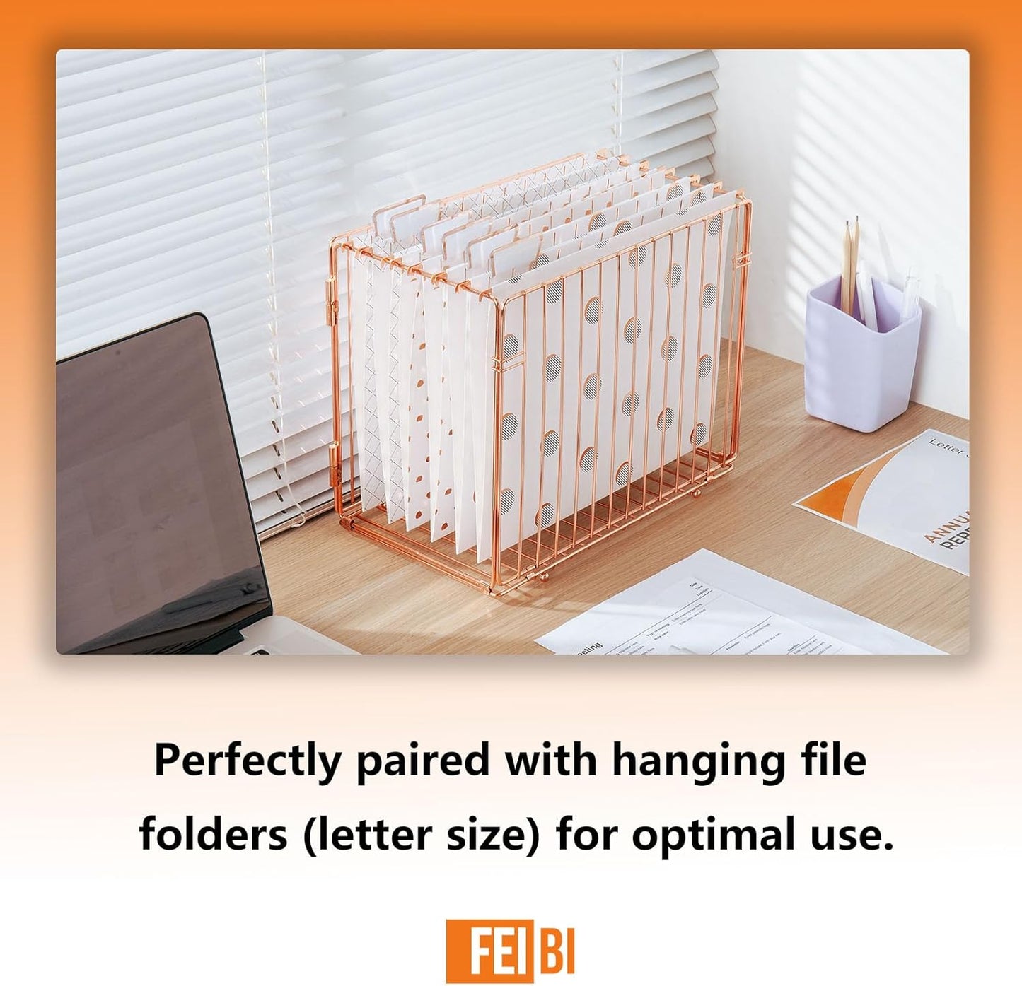 Hanging Rose Gold File Organizer, equipped with a 6-piece set of rose gold desktop accessories