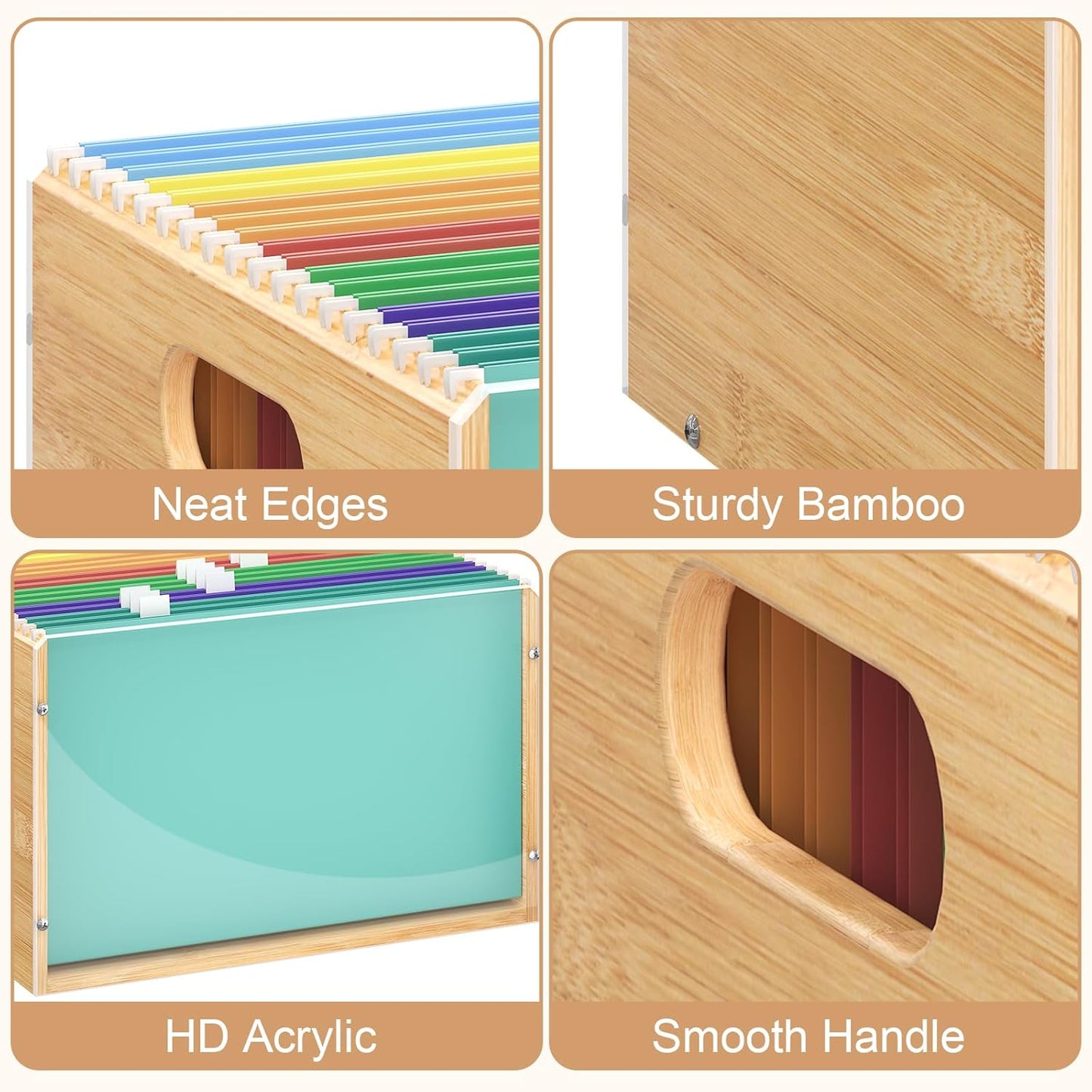 Sbanmao Clear Acrylic File Box Organizer, Bamboo Hanging Folder Storage Boxes, Filing Crate Bin Holder with Handle for Home Office Desk, Letter Size