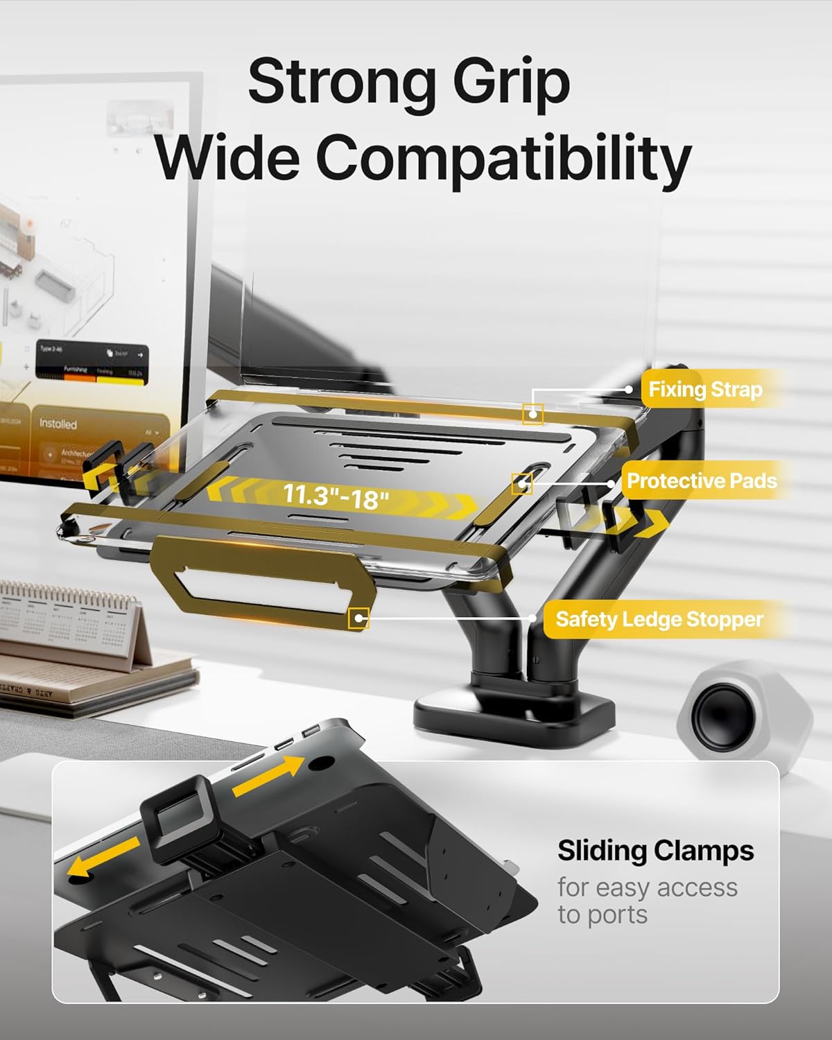 monTEK Laptop Arm Mount for Desk, 2-in-1 Monitor & Laptop Stand with Adjustable Laptop Tray, Fits Max 18" Notebook and 32" Screen, Aluminum Single Monitor Holder with VESA 75/100, Clamp/Grommet, Black