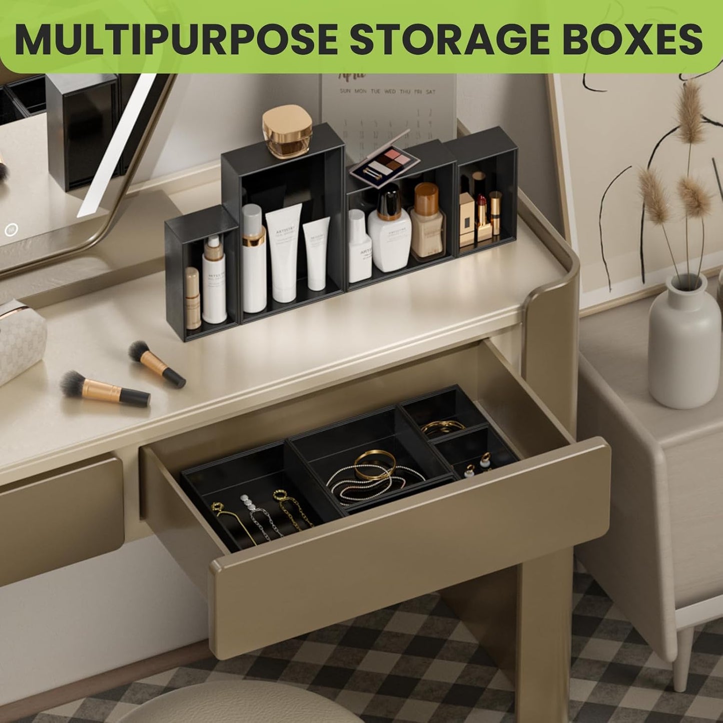 Bathroom Drawer Organizer Trays, Bamboo Drawer Organizer Kitchen Utensils Silverware Organizer, 8 PCS Wood Box Stackable Bins for Makeup, Office Desk, Junk Drawer (Black)