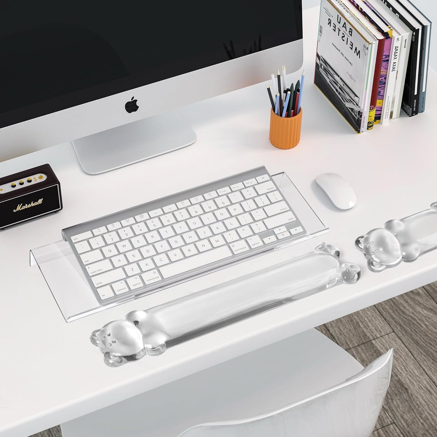 16.9inch Computer Keyboard Stand for Desktop, Gel Keyboard Wrist Rest Set for Ergonomic Typing, Comfort & Support for Office, Work, Gaming (Cute White Bear)