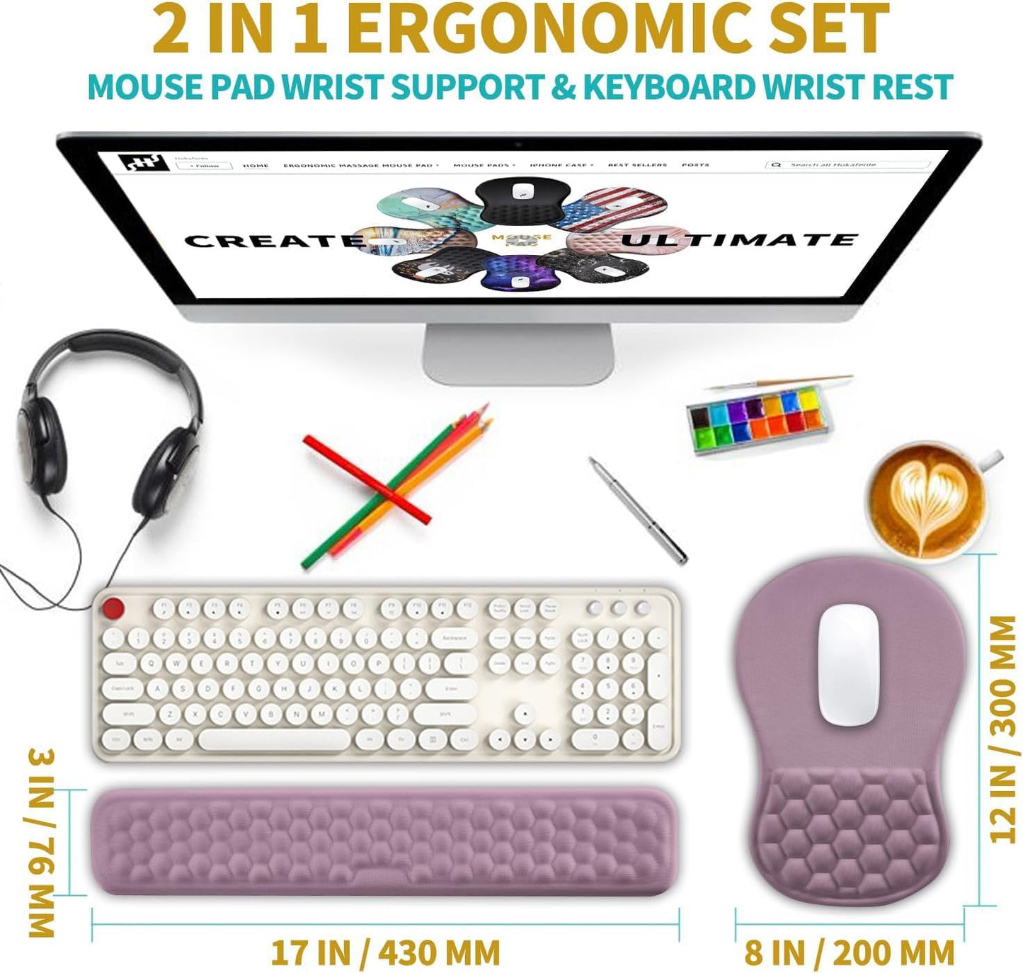 Hokafenle 2 in 1 Ergonomic Mouse Pad Wrist Support & Wrist Rest for Computer Keyboard Set, with Relieve Carpal Tunnel Pain Massage Bulge and Full Memory Gel Design (2In1 Set, Light Green)