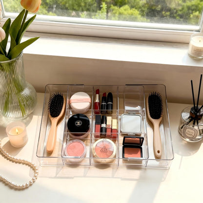Acrylic Expandable Desk Drawer Organizer with 11 Adjustable Compartments and 6 Removable Dividers Desk Accessories for Office Kitchen Bathroom Makeup and Utensil Junk Storage (Clear, 2Pcs)