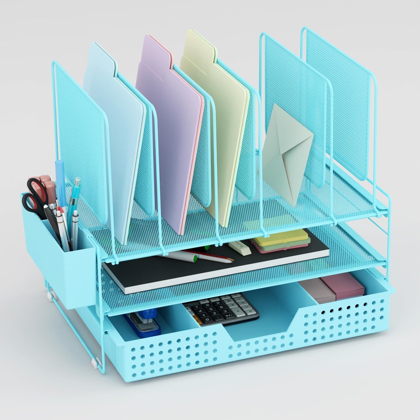 LEKETREE Desk Organizer, Office Organization with Vertical File Holder, File Organizer with Drawer and Pen Holder, Desk Accessories and Workspace Organizers for Home Office (Black)