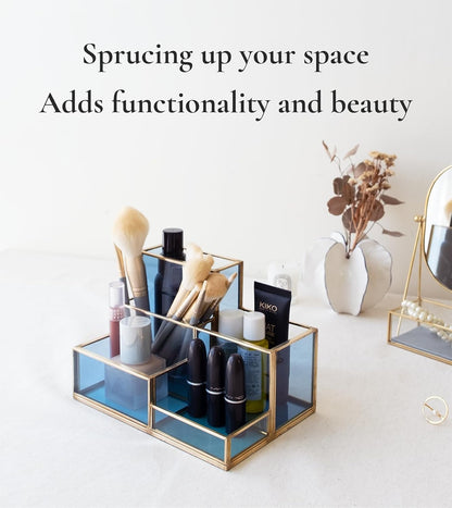 FONDAZZA Gold & Blue Glass Desk Organizer - Elegant Office Decor, Aesthetic Makeup Brush Holder, 2-Compartment Pen Holder, Pencil Cup, Vanity & Cosmetic Storage, Desk Accessories for Women