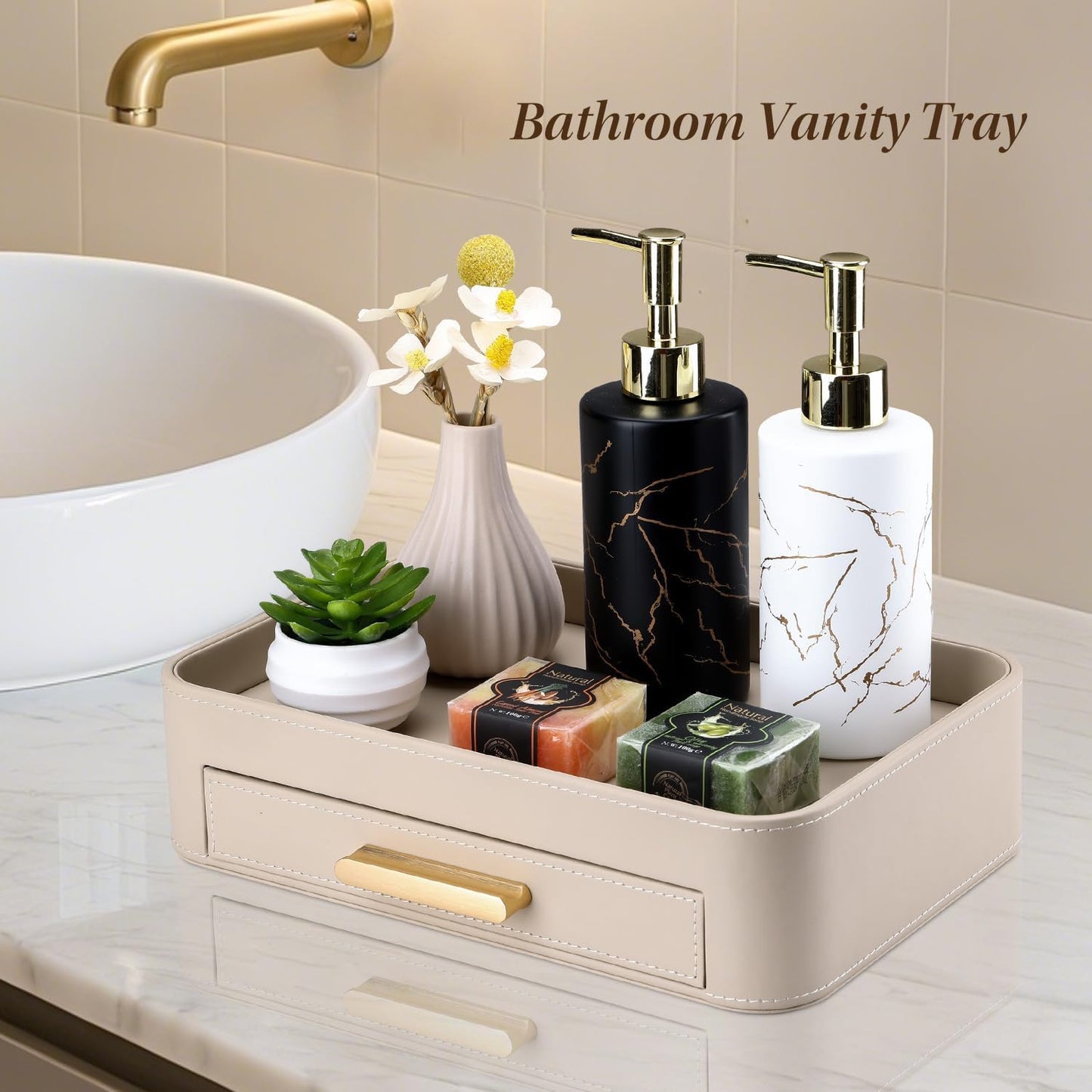 GORESE PU Leather Valet Tray with Drawer, Nightstand Organizer Catch All Tray for Jewelry Perfume Purse Trinket Key Holder, EDC Trays for Desk Vanity Entryway Table, Gift for Women Men, Cream White