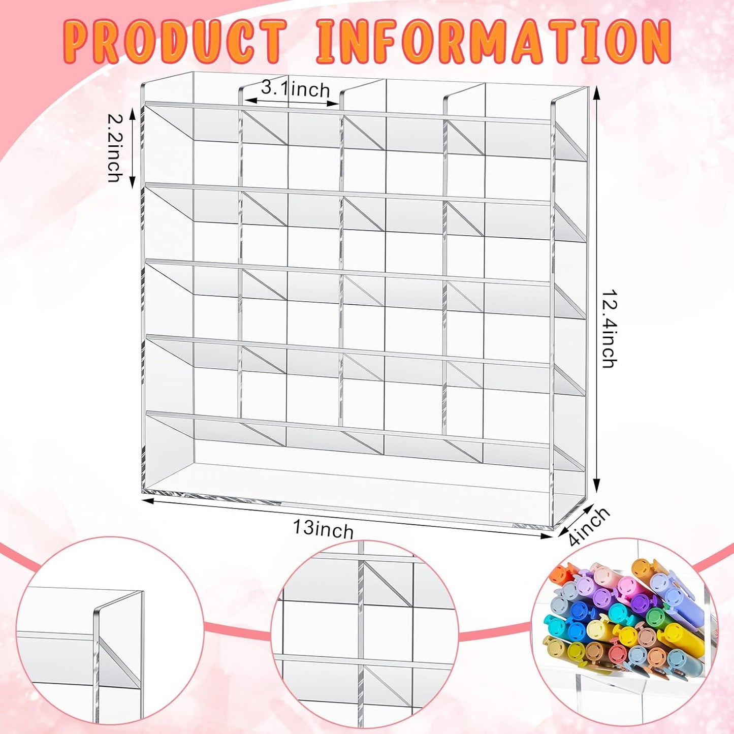 MotiMind Acrylic Pen Organizer Storage for 250 Markers Vertical Marker Organizer Acrylic Pen Display Holder for Office Desk Desktop Stationery Pencil Storage, Clear, 13 x 4 x 12.4 Inch