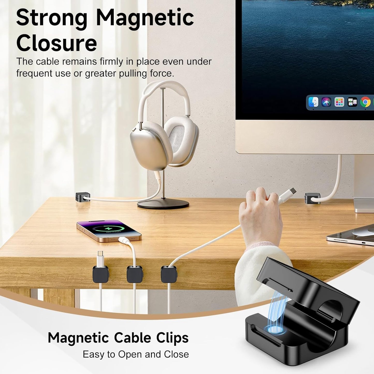 10 Pack Magnetic Cable Clips, Cord Organizer with Strong Adhesive Cord Holder for Nightstand, Desk, Home Office, Car, Phone Charger, USB, HDMI Cable Holder, Black