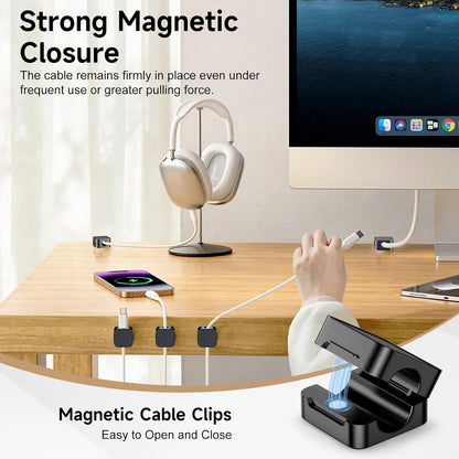 10 Pack Magnetic Cable Clips, Cord Organizer with Strong Adhesive Cord Holder for Nightstand, Desk, Home Office, Car, Phone Charger, USB, HDMI Cable Holder, Black