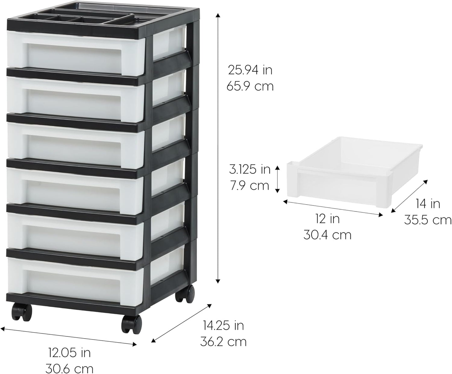 IRIS USA Plastic Drawer Storage Organizer Rolling Cart, with Wheels Casters, 4-Drawers, for Classroom Art Craft Supplies Dresser Closet Bathroom Laundry Room, Black/Pearl