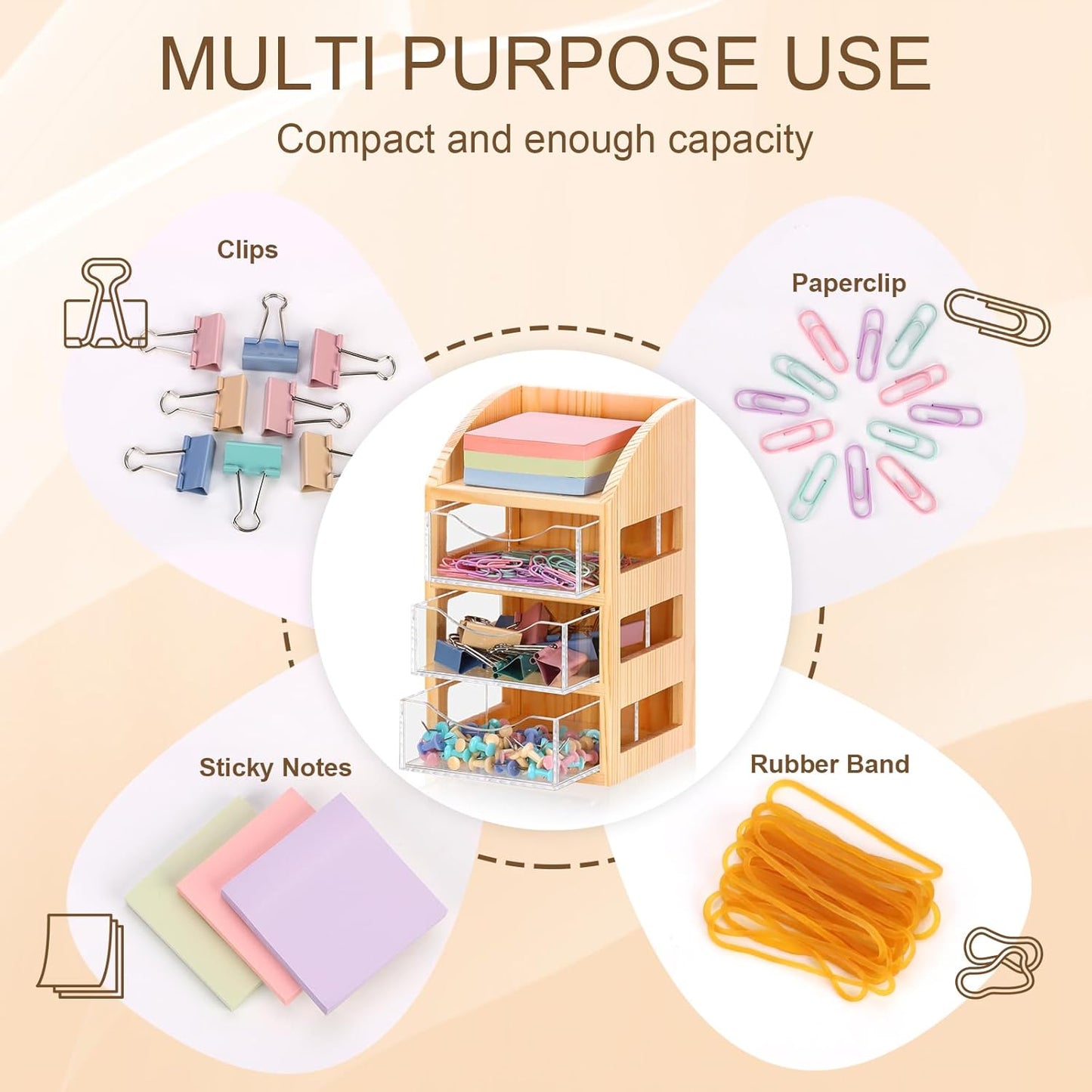3 Drawer Desktop Accessory Storage Drawers Clear Desktop Organizer with Drawers Small Desk Organizer with Drawer Paper Clip and Binder Holder Wood Acrylic Sticky Note Holder 4.53"L x 4.1"W x 7.7"H