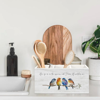 Christian Sparrow Bird Pen Holder for Desk, Religious Scripture Bible Verse Pencil Organizer, His Eye is on The Sparrow Bird Wooden Pen Holder Desk Accessories Decor for Home Office